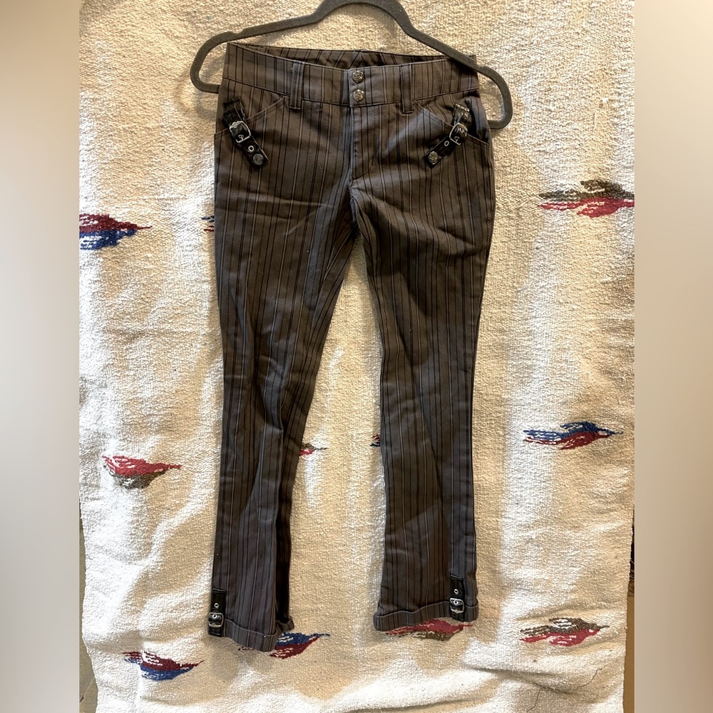 Lip service pants size 1. Gray with black, gray stripes.Black accent buckles.